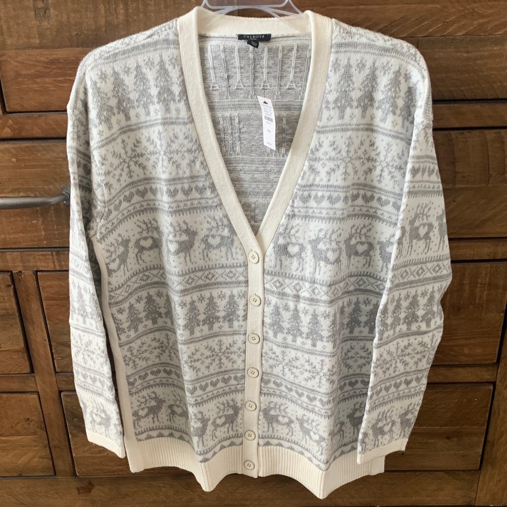 Holidays Cozy Talbots Cream and Silver(Gray) Winter/ Christmas Cardigan.